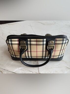 Vintage Burberry Black Trim Beige Nova Check Satchel with Red Accent